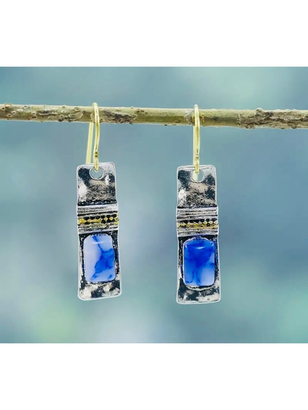 New - Vintage Style - Antique Blue Stone Dangle Drop Earrings